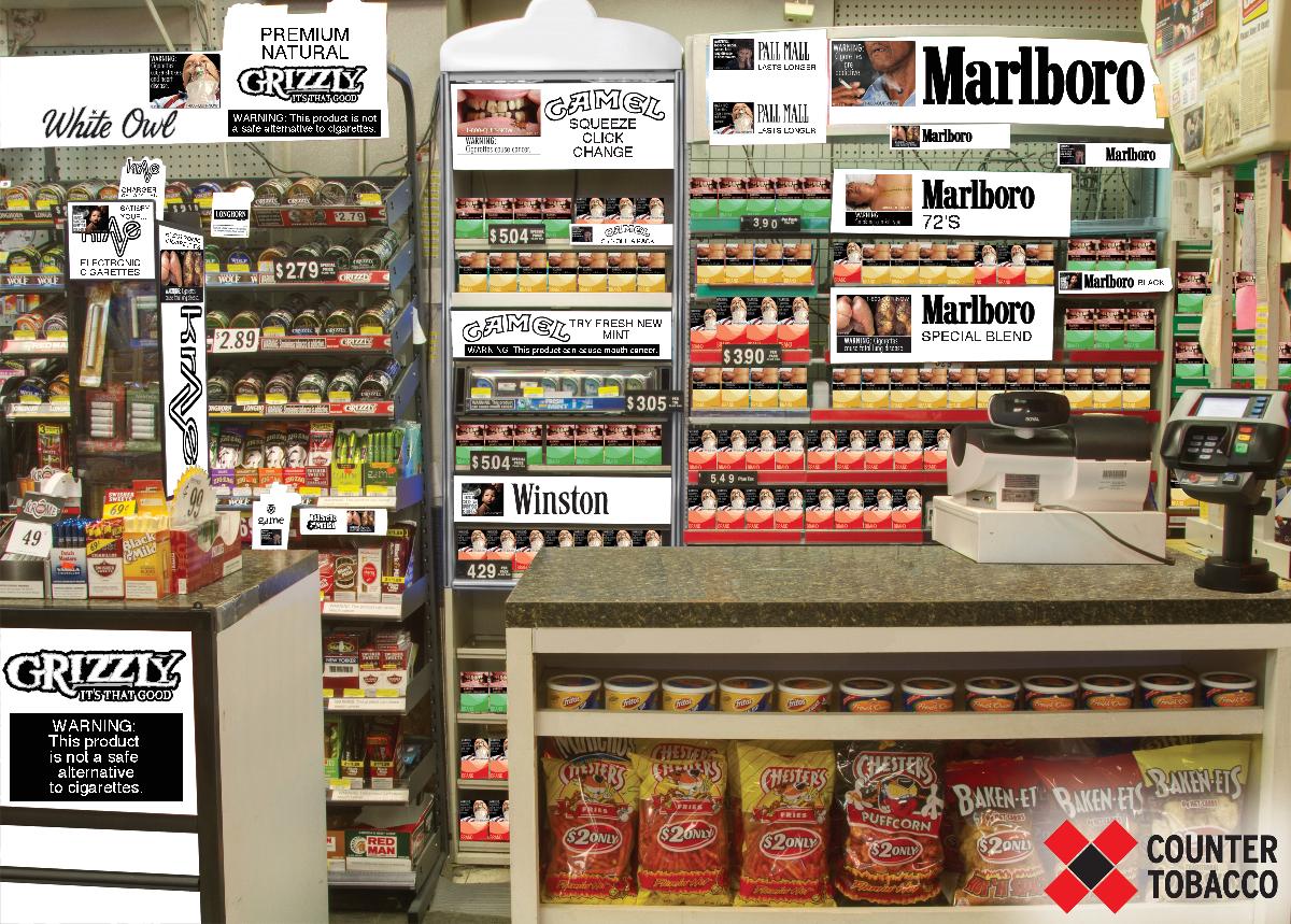 Illustration demonstrating a change to black and white (%26ldquo;tombstone%26rdquo;) tobacco advertisements with potential FDA warning messages covering 20% of advertisements and displayed on cigarette packs (after).