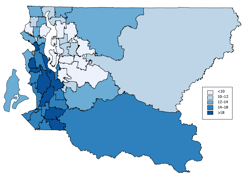 Model-based current smoking prevalence (percentage) among King County adults by King County health reporting areas. The map shows smoothed smoking prevalence rates. Estimates were generated by using a spatial hierarchical Bayesian model. Data are from the King County sample of the Behavioral Risk Factor Surveillance System for 2009 through 2013 combined.