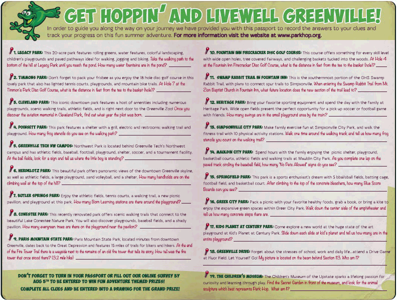 The Park Hop passport (back) used by children and adolescents to answer questions posed by clues placed in parks in Greenville County, South Carolina, 2014.