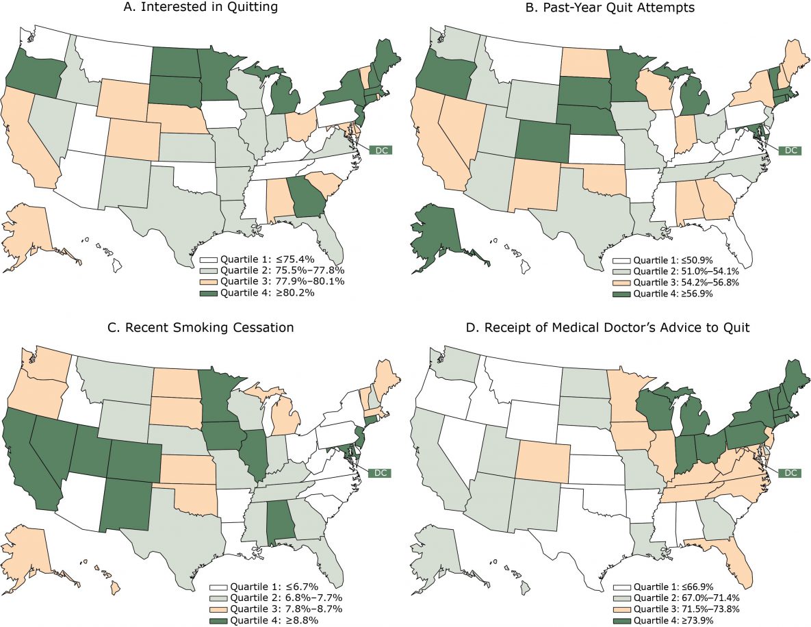 State-level prevalence of interest in quitting smoking, past-year quit attempts, recent smoking cessation, and receipt of a medical doctor’s advice to quit smoking, by quartile — Tobacco Use Supplement to the Current Population Survey, United States, 2014–2015. Panel A: Interested in quitting was defined as current smokers who reported from 2 to 10 on a 10-point scale ranging from 1 (not at all interested) to 10 (extremely interested) among all current smokers (unweighted n = 22,163). Panel B: Past-year quit attempts were defined as current smokers who reported that they had stopped smoking for at least 1 day or made a serious attempt to stop smoking even for <1 day within the past year and former smokers who quit within the past year among all current smokers and former smokers who quit within the past year (unweighted n = 25,850). Panel C: Recent smoking cessation was defined as quitting smoking within the past year for ≥6 months among current smokers who smoked for ≥2 years and former smokers who quit during the past year (unweighted n = 25,507). Panel D: Receipt of medical doctor’s advice to quit smoking was determined among current smokers who visited a medical doctor within the past year and among former smokers who visited a medical doctor within the year before quitting (unweighted n = 17,247). 