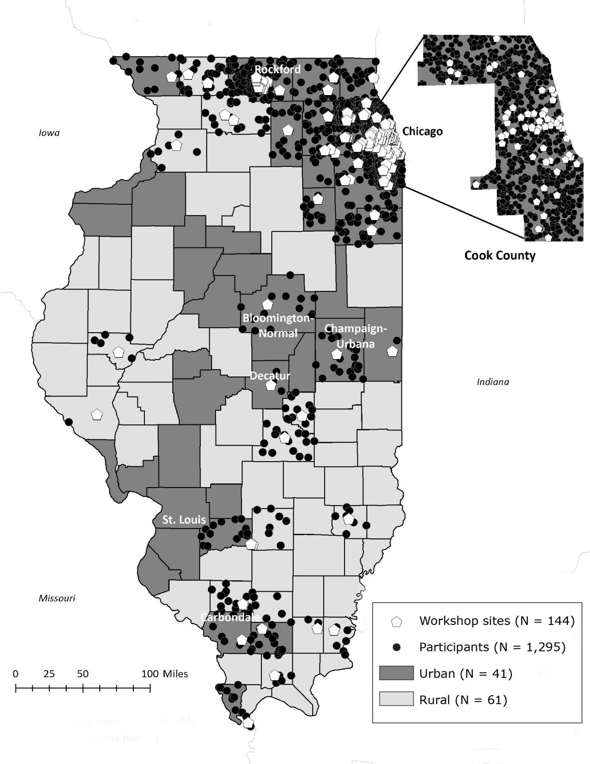 Location of workshop sites for the Chronic Disease Self-Management Program and the Diabetes Self-Management Program and distribution of participants’ home addresses by rural and urban counties in Illinois during 2016–2017. We used the dot-density function to indicate the correct number of participants per county while protecting information on participants’ exact residential locations. Data sources: Illinois Pathways to Health (19), US Census Bureau (20). 