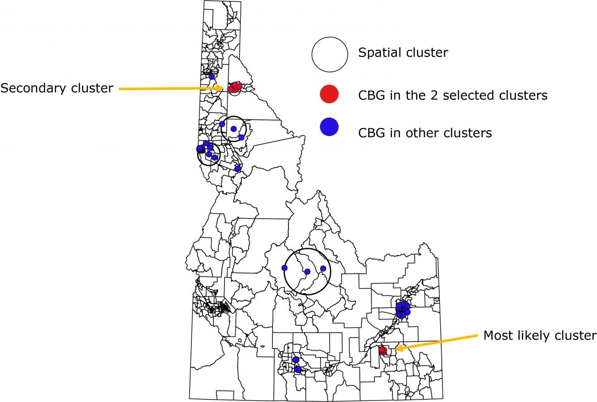 Spatial clusters of Idaho resident suicides by census block group, 2010–2014. A dot is a centroid of a census block group (CBG); 1 dot might represent 1 or more suicides that occurred in that CBG during the study period.