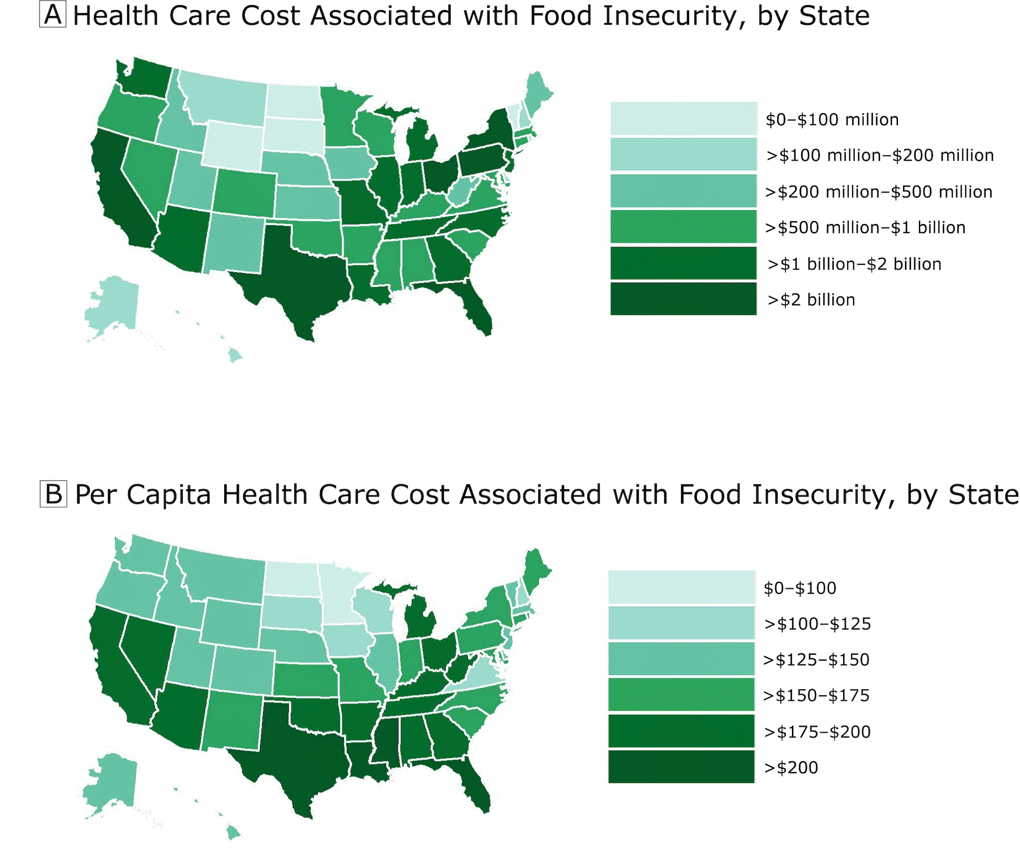 Health care costs associated with food insecurity (A) and per capita health care costs associated with food insecurity (B), by state, United States, 2012–2013.