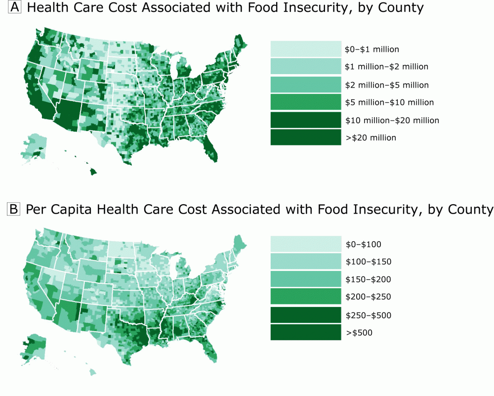 Health care costs associated with food insecurity (A) and per capita health care costs associated with food insecurity (B), by county, United States, 2012–2013.