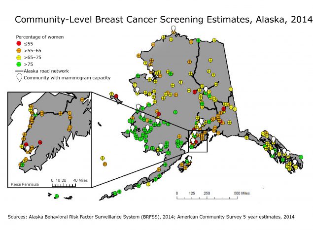 Estimated percentage of women aged 45 to 74 in Alaska who reported receiving a mammogram in the previous 2 years, based on the 2014 Behavioral Risk Factor Surveillance System and the 2014 American Community Survey (ACS) 5-year estimates. A community was defined as any city, town, or unique rural population center. Communities with mammogram capability may be only partially staffed. This map helped the Alaska Breast Cancer Coalition prioritize screening outreach efforts.