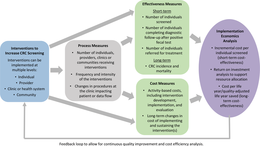 Framework for the implementation economics evaluation used by the Colorectal Cancer Control Program Learning Collaborative. Abbreviation: CRC, colorectal cancer. 