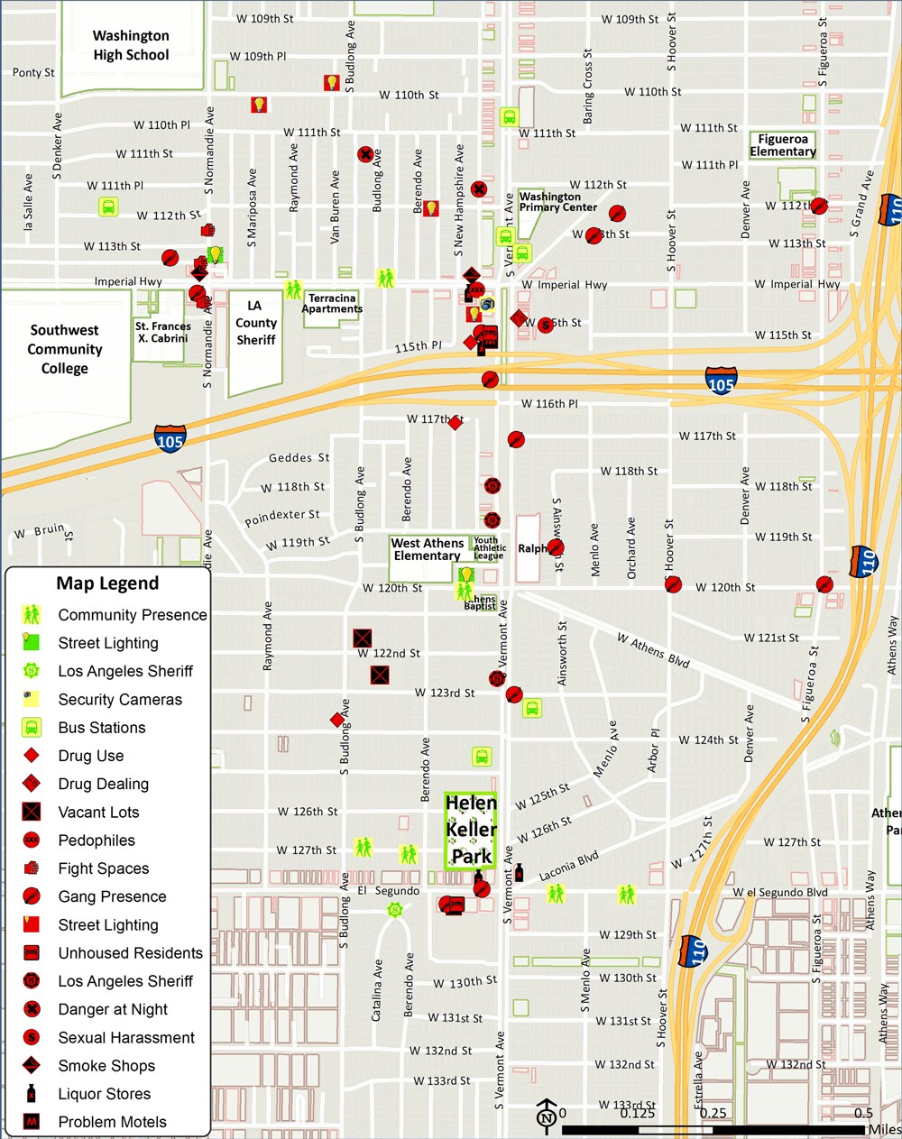 Digitized participatory geographic information systems map of community park access assets and challenges, South Los Angeles, 2015.