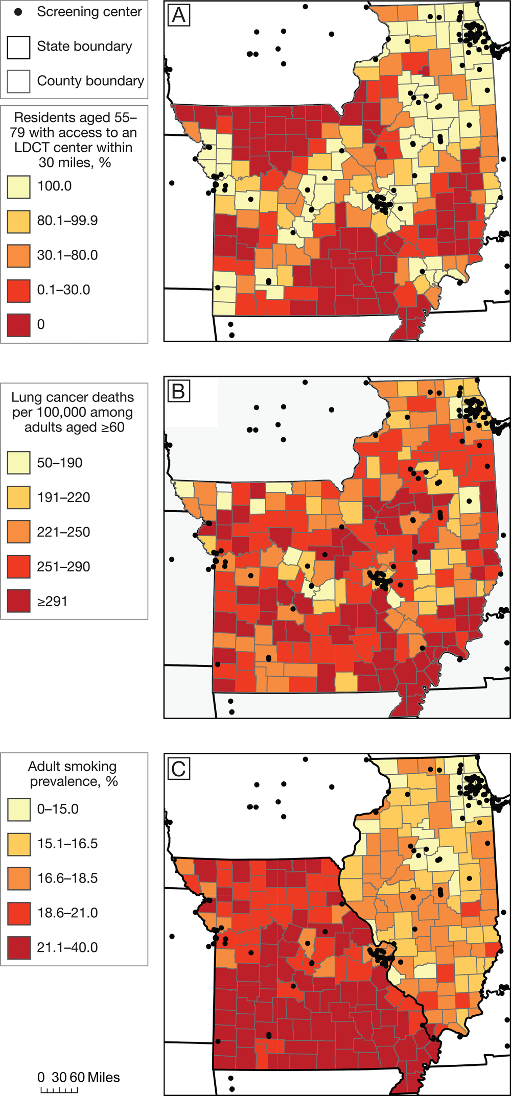 Access to LDCT lung cancer screening, lung cancer mortality, and smoking prevalence in Missouri and Illinois. A, Percentage of residents aged 55–79 with access to an LDCT lung cancer screening center within 30 miles. B, Lung cancer mortality (deaths per 100,000) among adults aged ≥60. C, Adult smoking prevalence. All maps are at the county level, and categories are based on rounded quintiles. Data obtained from American College of Radiology (11), GO2 Foundation for Lung Cancer (12), Surveillance, Epidemiology, and End Results program (18), and County Health Rankings (19). Shapefiles from ESRI (20). Abbreviation: LDCT, low-dose computed tomography