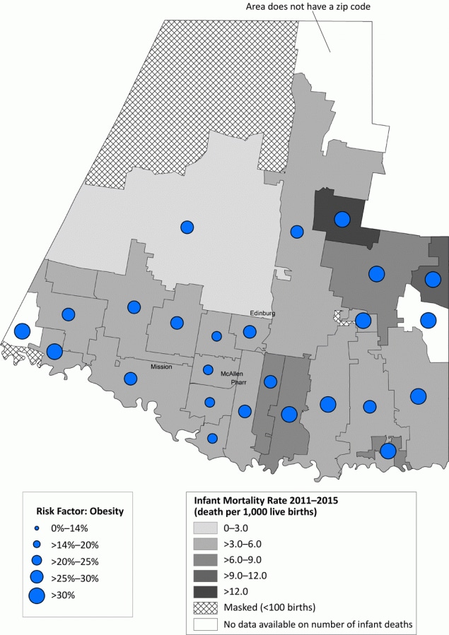 Infant mortality rate (deaths per 1,000 live births) with prevalence of prepregnancy obesity, by zip code area, Hidalgo County, Texas, 2011–2015.