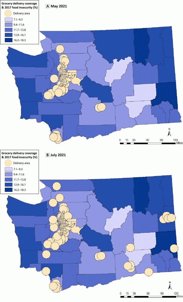 Online delivery services of groceries to homes in May 2021 were concentrated in the Puget Sound region and outlying communities of Vancouver and Yakima. Expansion of online delivery services to homes by July 2021 included counties in the eastern and southeastern part of the state. However, many rural counties with high food insecurity rates in northeastern Washington State and counties along the western coastline still lacked access to home delivery.