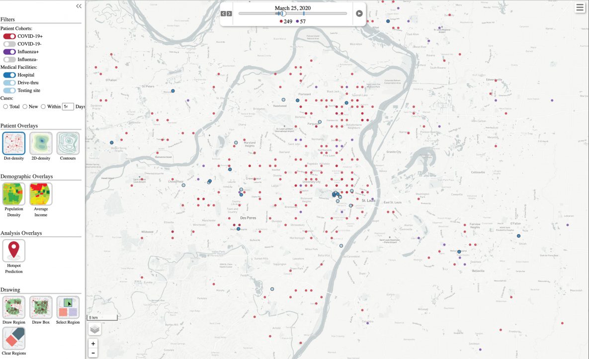 Screenshot of an animation of the disease visualization tool, showing influenza (purple dots) and SARS-CoV-2 (red dots) infections developing and resolving over time. Dark blue dots correspond to hospitals, and light blue dots correspond to testing sites. Case coordinates are shuffled for privacy protection.