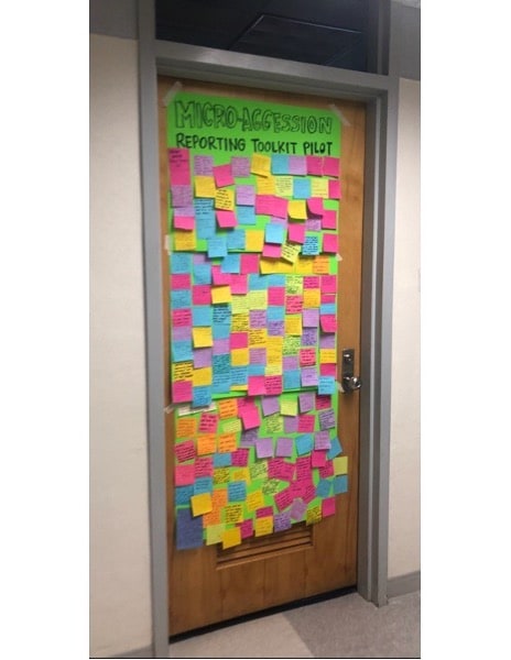 Signed Post-it notes documenting the experiences of microaggression among racial and ethnic minority students as a call to action, Department of Health Behavior, University of North Carolina Gillings School of Global Public Health, 2020. Students placed these notes on the door of the chair of the Department of Health Behavior to highlight their perceptions and lived experiences. This information became part of the input that was thematically organized by students and later incorporated in the Equity Action and Accountability Plan.