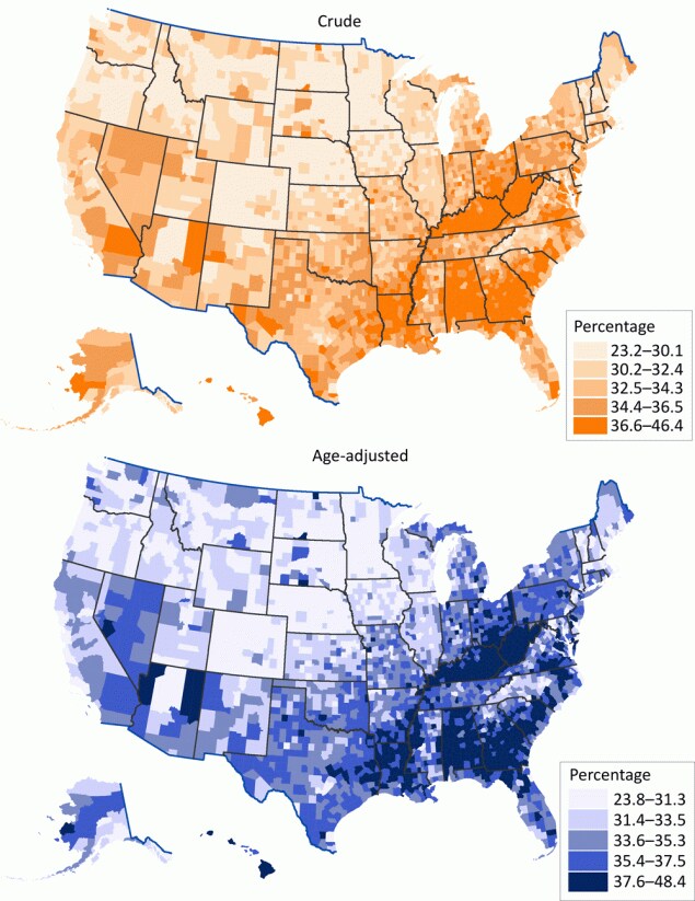 Model-based crude and age-adjusted county-level prevalence estimates of short sleep duration (<7 hours per 24-hour period) among adults aged 18 years or older, by quintile, United States, 2020. Urban–rural classification was defined by the National Center for Health Statistics 2013 urban–rural classification scheme (6). Age-adjusted estimates were standardized to the 2000 projected US population aged 18 years or older in 13 groups (18–24, 25–29, 30–34, 35–39, 40–44, 45–49, 50–54, 55–59, 60–64, 65–69, 70–74, 75–79, ≥80) (4). Data source: Centers for Disease Control and Prevention (7).