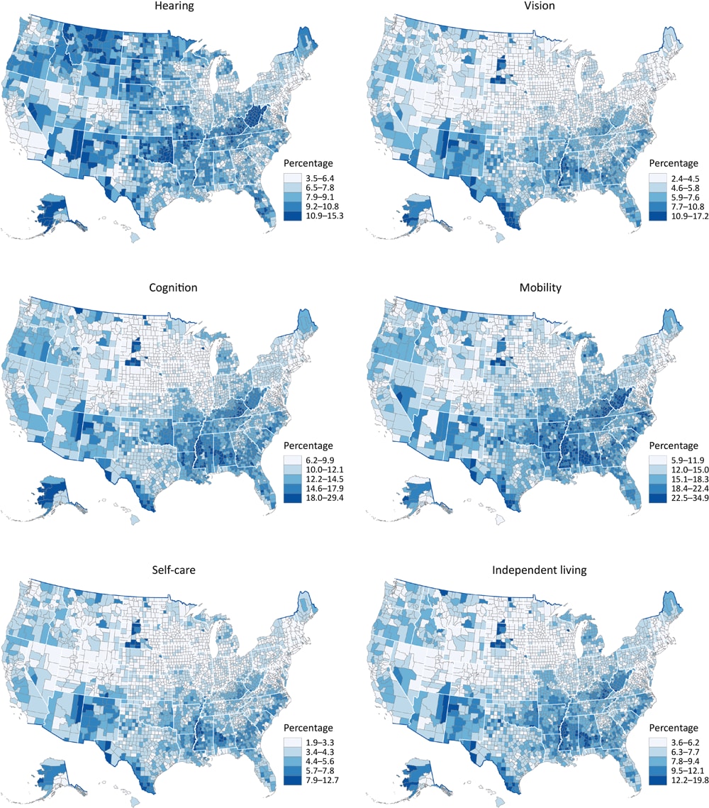 County-level model-based estimates among adults aged ≥18 years by disability type, United States, 2018. Maps were classified into 5 classes by using Jenks natural breaks. Data sources: Behavioral Risk Factor Surveillance System 2018 (10), US Census Bureau (15,16).