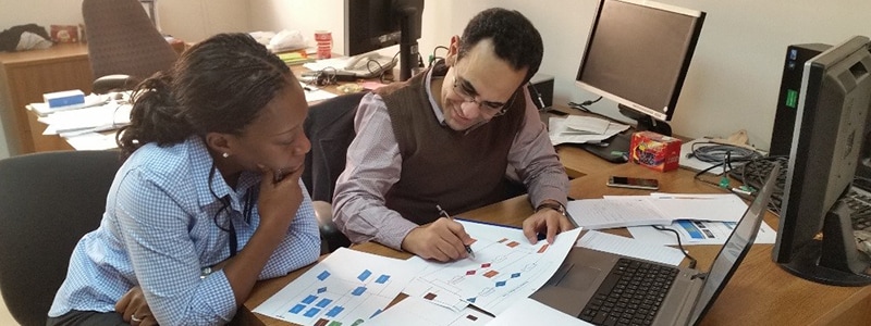 Public Health Informatics Fellowship Program fellow and CDC Cairo office data manager collaborate in assessing data management workflows for International Emerging Infections Program, Cairo, Egypt.