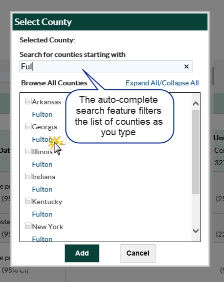 Auto complete search feature filters counties as you type