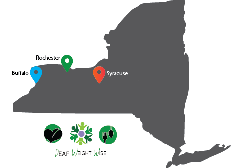 Map of New York state with Rochester, Buffalo, and Syracuse noted. Map shows community partners of the DWW program.