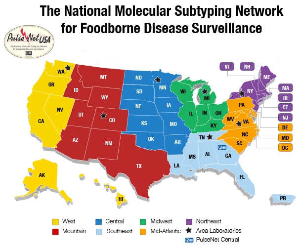 USA map showing the National Molecular Subtyping Network for Foodborne Disease Surveillance