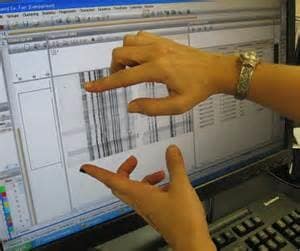Scientist pointing to Pulsed-field Gel Electrophoresis Process Gel of bacterial DNA fingerprints on computer screen