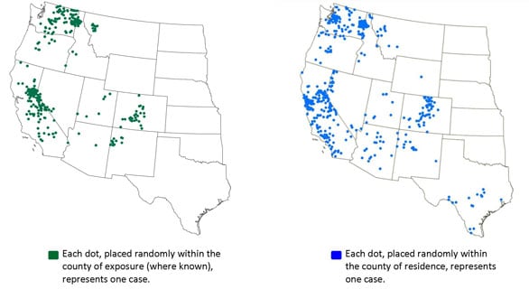 Tick-borne relapsing fever occurs in the western U.S. and is usually linked to sleeping in rustic, rodent-infested cabins in mountainous areas. On the map to the left, each dot represents one case in the county of exposure (where known). On the map to the right, each dot represents one case in the county where it was diagnosed. Thus, areas where people infected (Lake Tahoe, for example) are not necessarily the areas where they are diagnosed (San Francisco Bay area, most likely).