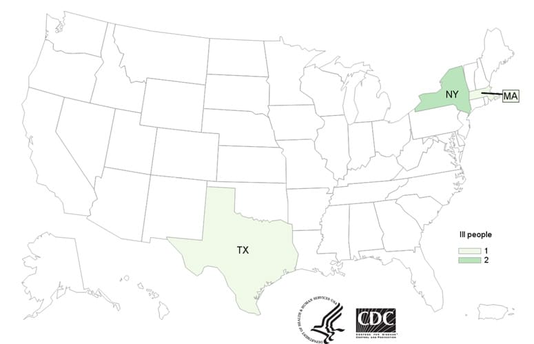 Map of United States - People infected with the outbreak strain of Salmonella, by state of residence, as of May 13, 2019