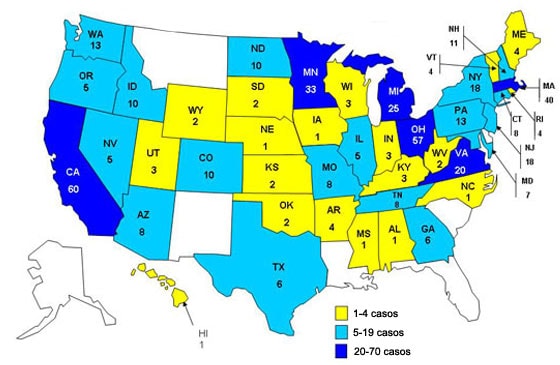 Personas infectadas por el brote de la cepa de <I>Salmonella typhimurium</I>, Estados Unidos, por estado, 1 de septiembre del 2008 al 14 de enero del 2009