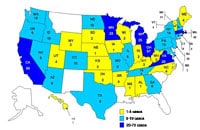 Personas infectadas por el brote de la cepa de Salmonella Typhimurium, Estados Unidos, por estado, 1 de septiembre del 2008 al 15 de enero del 2009