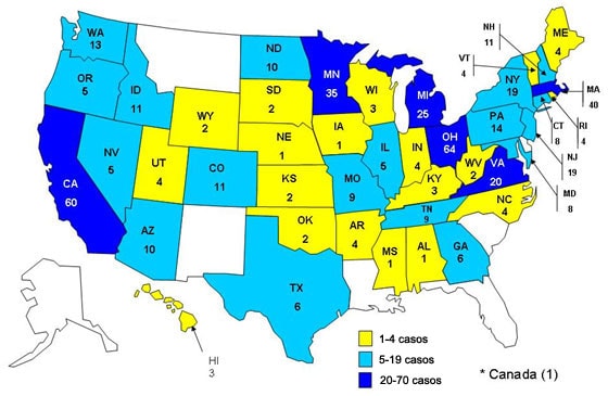 Personas infectadas por el brote de la cepa de Salmonella typhimurium, Estados Unidos, por estado, 1 de septiembre del 2008 al 18 de enero del 2009