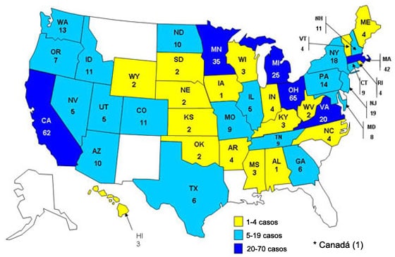Personas infectadas por el brote de la cepa de Salmonella typhimurium, Estados Unidos, por estado, 1 de septiembre del 2008 al 18 de enero del 2009