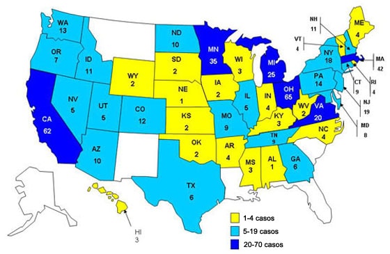 Personas infectadas por el brote de la cepa de Salmonella typhimurium, Estados Unidos, por estado, 1 de septiembre del 2008 al 20 de enero del 2009
