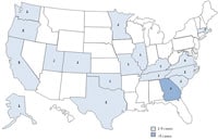 A map of the United States showing the number of people infected with an outbreak strain of Salmonella Chester by state.