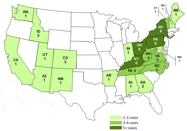 Persons infected with the outbreak strains of Salmonella Infantis or Newport, by state as of mAY 7, 2014