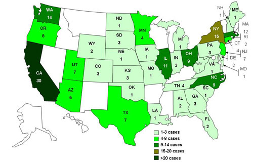 Persons Infected with the Outbreak Strain of Salmonella Montevideo, United States, by State, as of 01/24/10 at 9:00 pm EST (n=187)
