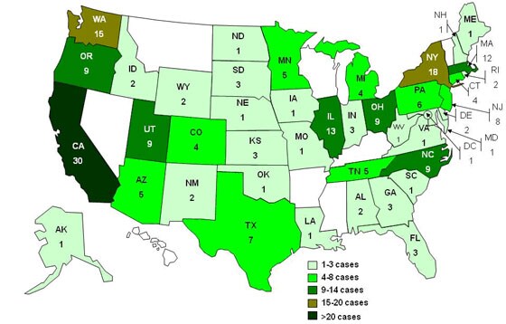 A map of the United States showing the number of people infected with an outbreak strain of Salmonella by state.