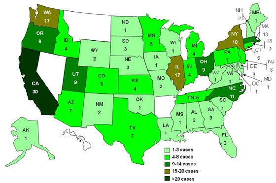 A map of the United States showing the number of people infected with an outbreak strain of Salmonella by state.