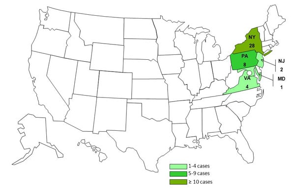 Persons infected with the outbreak strain of Salmonella Enteritidis, by state, as of November 16, 2011