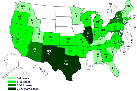 Persons infected with the outbreak strain of Salmonella Saintpaul, United States, by state, as of 9pm EST July 1, 2008