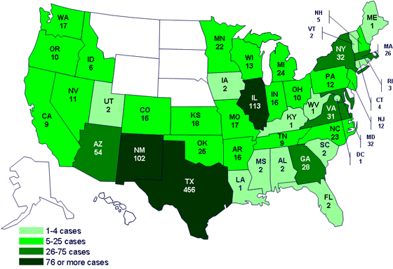 Cases infected with the outbreak strain of Salmonella Saintpaul, United States, by state, as of July 15, 2008 9pm EDT