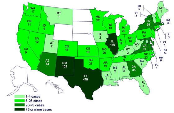 Cases infected with the outbreak strain of Salmonella Saintpaul, United States, by state, as of July 21, 2008 9pm EDT