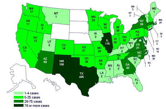 Cases infected with the outbreak strain of Salmonella Saintpaul, United States, by state, as of July 27, 2008 9pm EDT