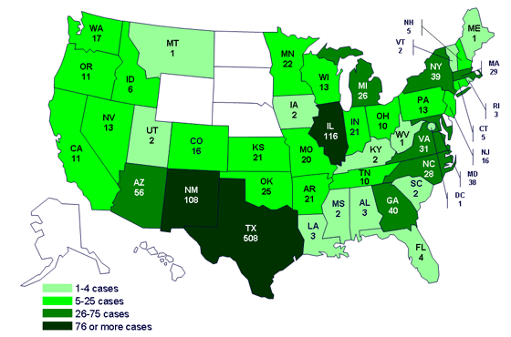 Cases infected with the outbreak strain of Salmonella Saintpaul, United States, by state, as of July 31, 2008 9pm EDT