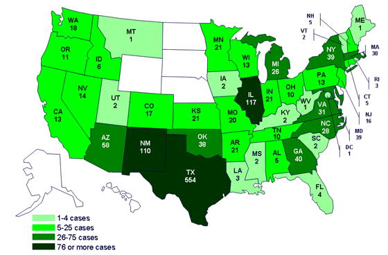 Cases infected with the outbreak strain of Salmonella Saintpaul, United States, by state, as of August 7, 2008 9pm EDT