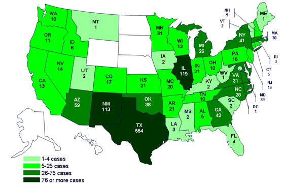 Cases infected with the outbreak strain of Salmonella Saintpaul, United States, by state, as of August 14, 2008 9pm EDT