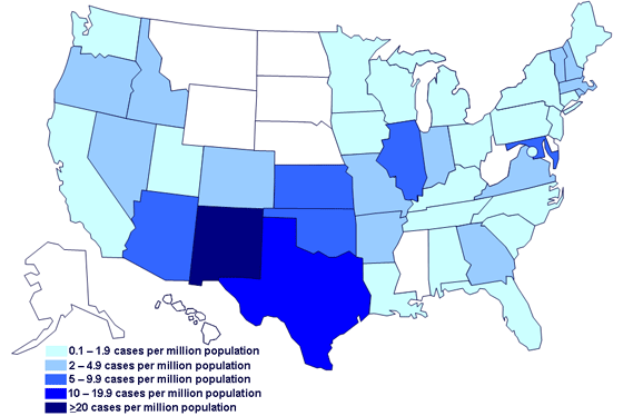 Incidence of cases of infection with the outbreak strain of Salmonella Saintpaul, United States, by state, as of July 2, 2008 9PM EDT