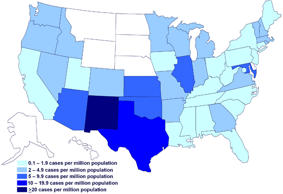 Incidence of cases of infection with the outbreak strain of Salmonella Saintpaul, United States, by state, as of July 13, 2008 9PM EDT