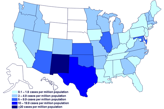 Incidence of cases of infection with the outbreak strain of Salmonella Saintpaul, United States, by state, as of July 14, 2008 9PM EDT