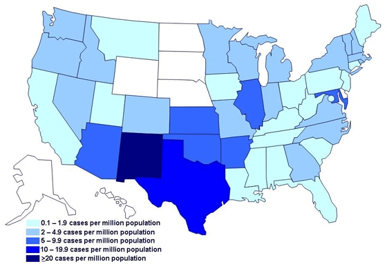 Incidence of cases of infection with the outbreak strain of Salmonella Saintpaul, United States, by state, as of July 17, 2008 9PM EDT