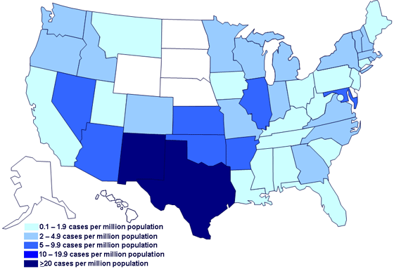 Incidence of cases of infection with the outbreak strain of Salmonella Saintpaul, United States, by state, as of July 29, 2008 9PM EDT