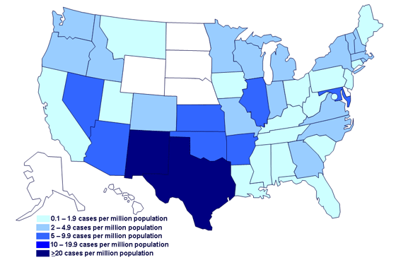 Incidence of cases of infection with the outbreak strain of Salmonella Saintpaul, United States, by state, as of July 31, 2008 9PM EDT