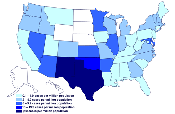 Incidence of cases of infection with the outbreak strain of Salmonella Saintpaul, United States, by state, as of August 25, 2008 9PM EDT